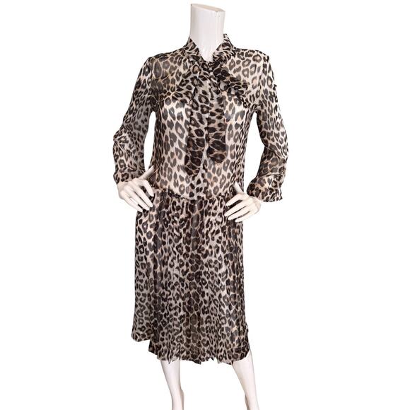 La Prestic Ouiston Dress Silk Leopard Print Tie Neck Pleated Long Sleeve Size 2 - Picture 1 of 13